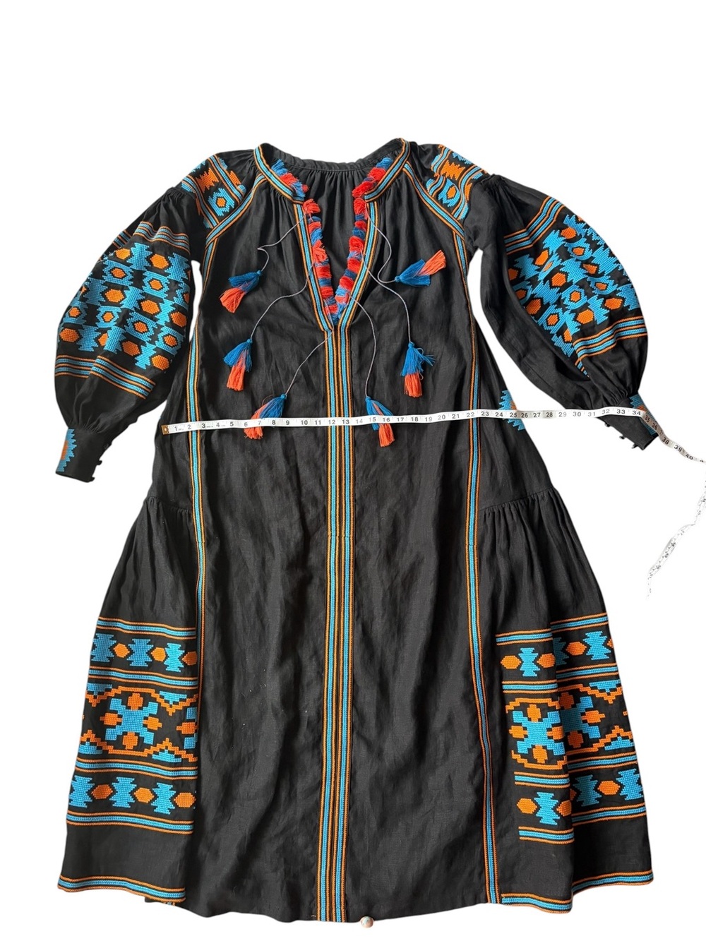 100% Linen Vyshyvanka Embroidered Tassel Gown Dress - Picture 8 of 11